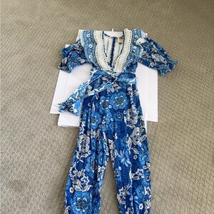 FARM Rio Blue & White Floral Wrap Jumpsuit with Crochet V-Neck